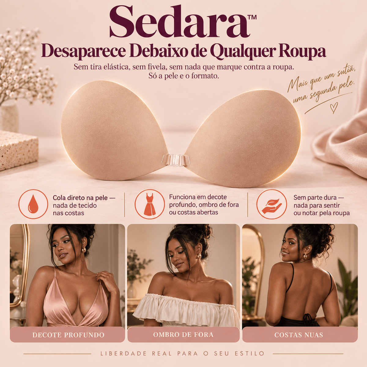 Sedara™ — Sutiã Adesivo de Silicone: Cola na Pele, Sem Alças, e Realça os Seios Sutiã Auriva