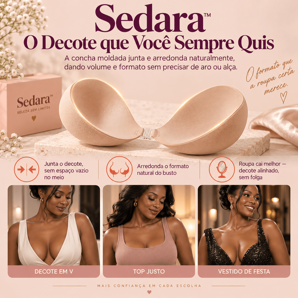 Sedara™ — Sutiã Adesivo de Silicone: Cola na Pele, Sem Alças, e Realça os Seios Sutiã Auriva