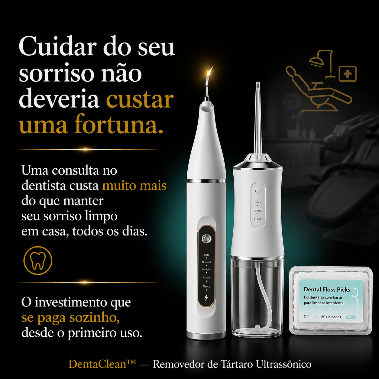 DentaClean™ — Removedor de Tártaro Ultrassônico + Bônus Exclusivo: Irrigador Bucal e Fio Dentário Auriva🇲🇿