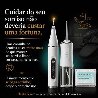 DentaClean™ — Removedor de Tártaro Ultrassônico + Bônus Exclusivo: Irrigador Bucal e Fio Dentário Auriva🇲🇿