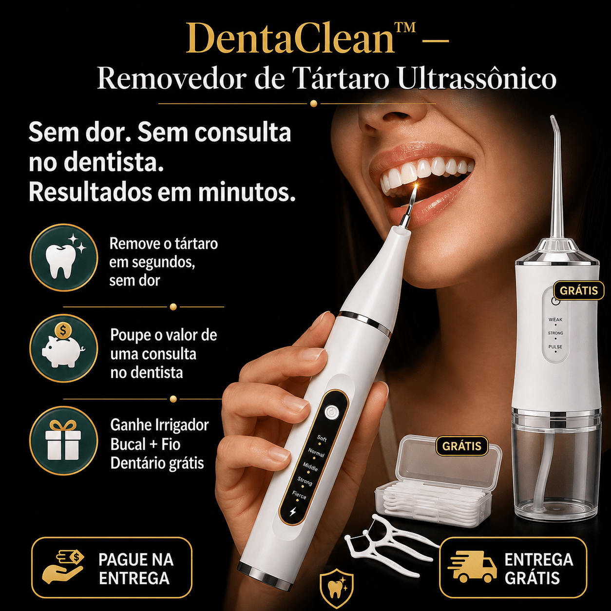 DentaClean™ — Removedor de Tártaro Ultrassônico + Bônus Exclusivo: Irrigador Bucal e Fio Dentário Auriva🇲🇿