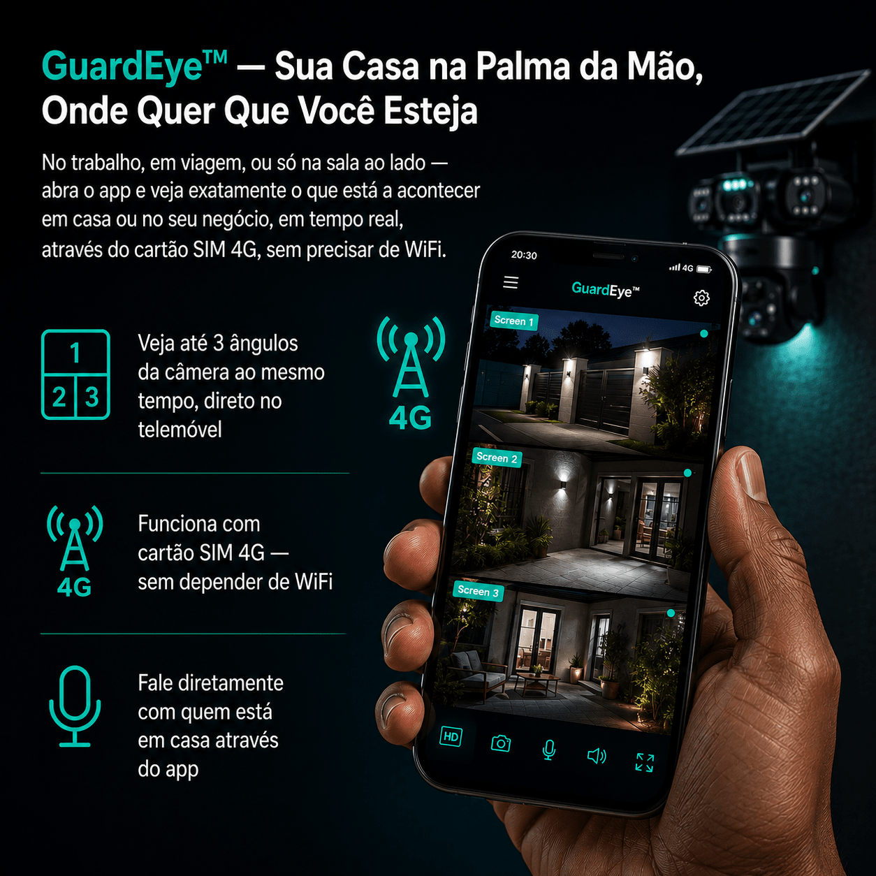 GuardEye™ — Câmera Solar Tripla de Vigilância 24h, Sem Fios, Sem Energia Elétrica Câmeras de Segurança Auriva