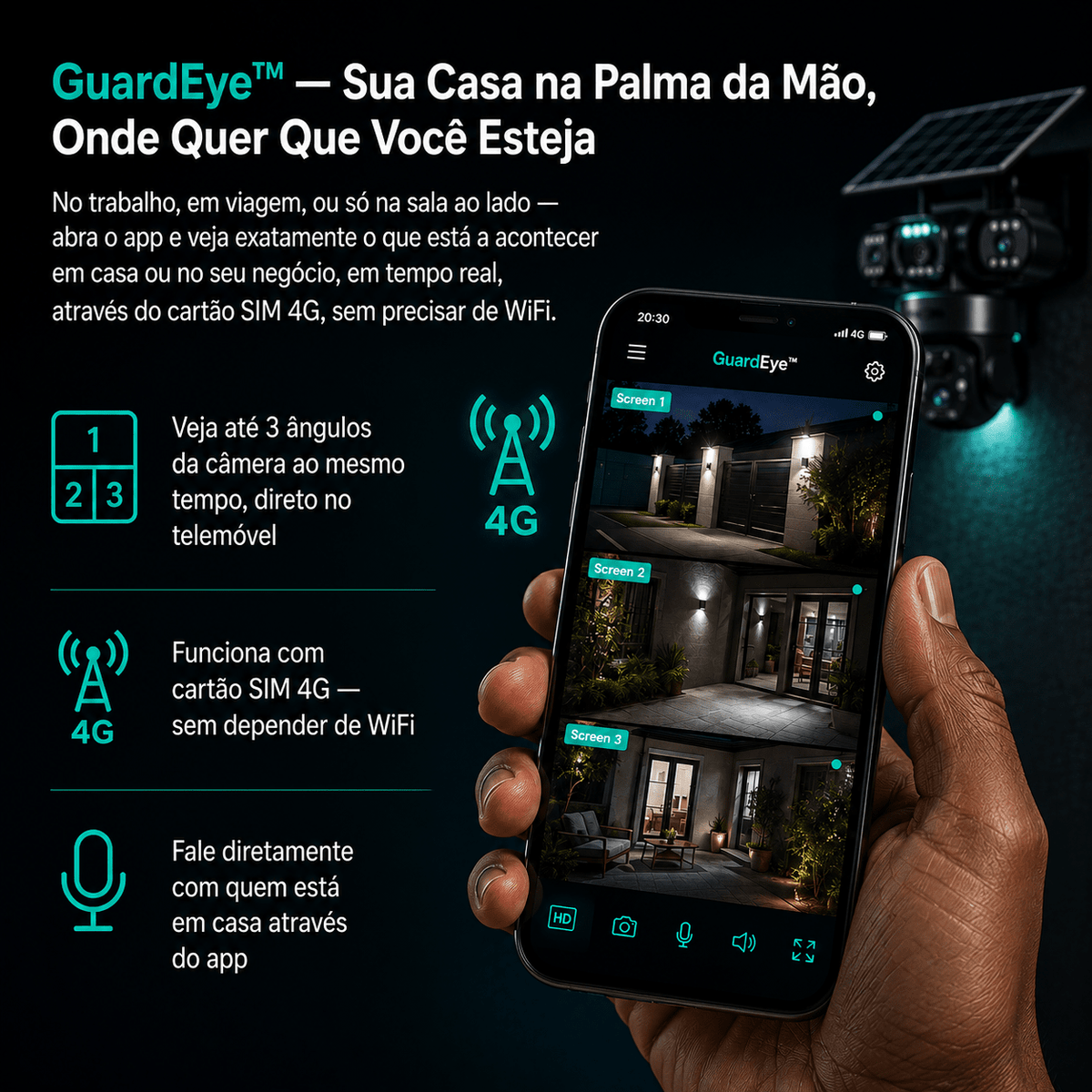 GuardEye™ — Câmera Solar Tripla de Vigilância 24h, Sem Fios, Sem Energia Elétrica Câmeras de Segurança Auriva