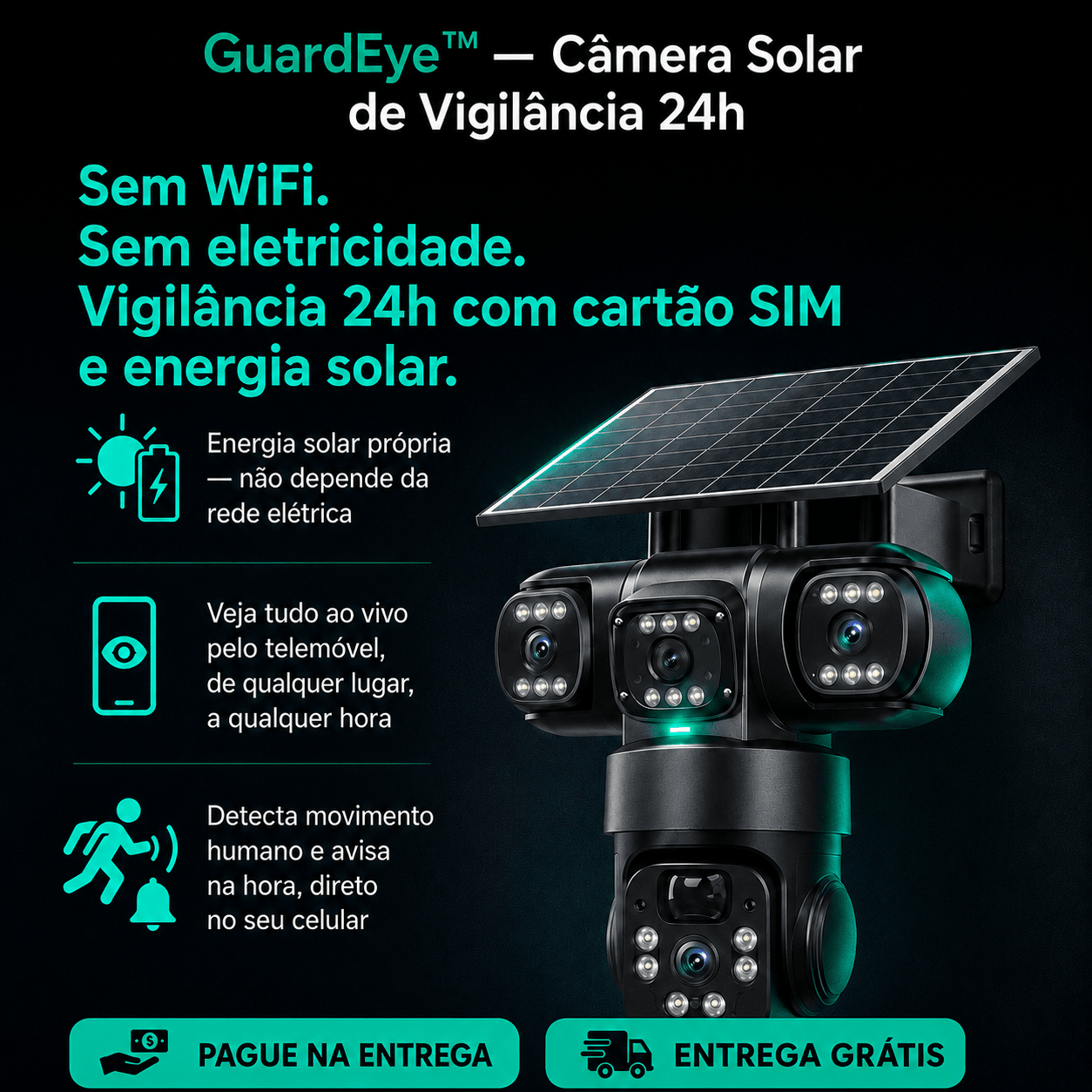 GuardEye™ — Câmera Solar Tripla de Vigilância 24h, Sem Fios, Sem Energia Elétrica Câmeras de Segurança Auriva