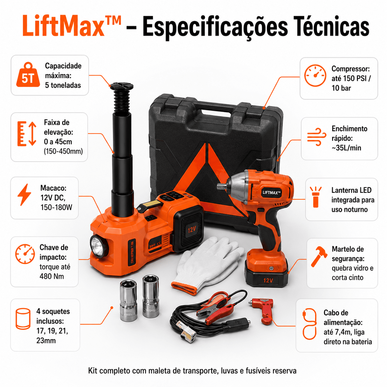 LiftMax™ — Kit 5T Completo: Levanta o Carro, Solta os Parafusos e Calibra o Pneu Ferramentas Automotivas Auriva
