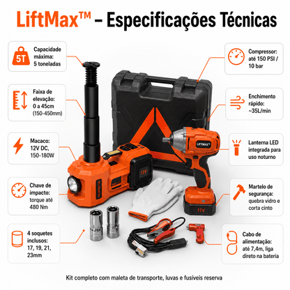 LiftMax™ — Kit 5T Completo: Levanta o Carro, Solta os Parafusos e Calibra o Pneu Ferramentas Automotivas Auriva