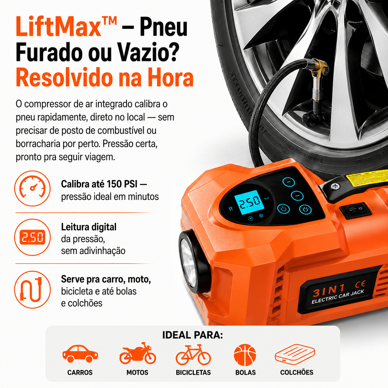 LiftMax™ — Kit 5T Completo: Levanta o Carro, Solta os Parafusos e Calibra o Pneu Ferramentas Automotivas Auriva