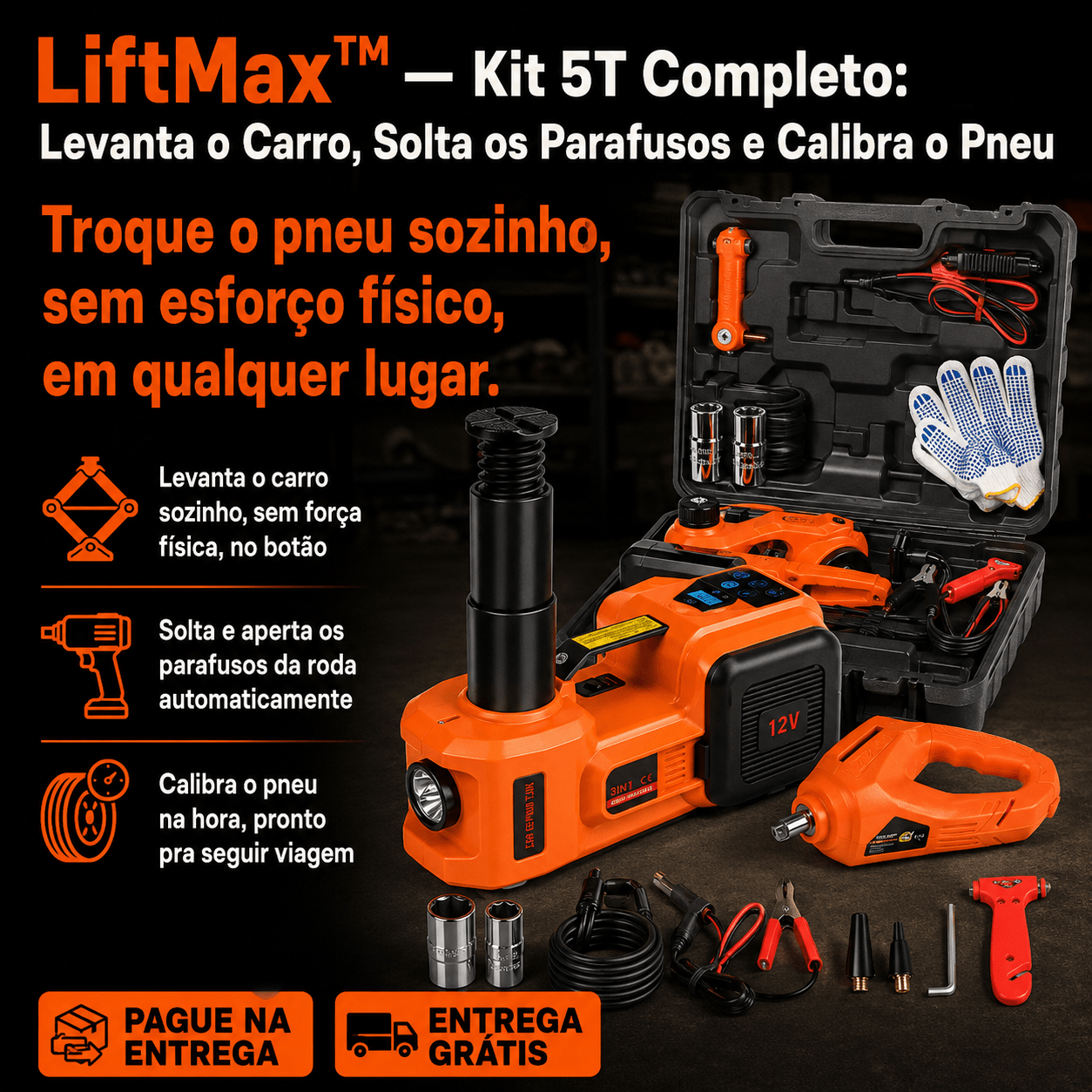 LiftMax™ — Kit 5T Completo: Levanta o Carro, Solta os Parafusos e Calibra o Pneu Ferramentas Automotivas Auriva